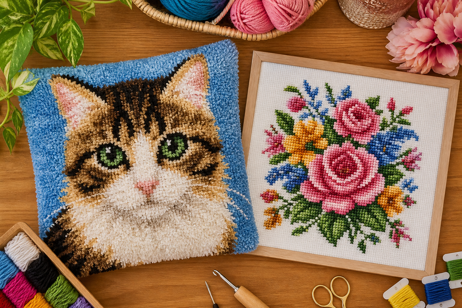 Latch hook cat portrait and cross stitch floral pattern